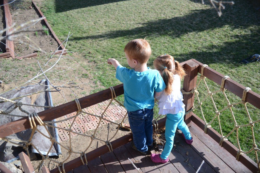 kids playing in backyard treehouse