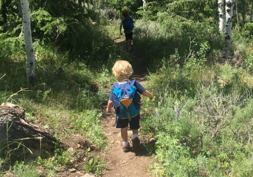 little boy hiking with backpack