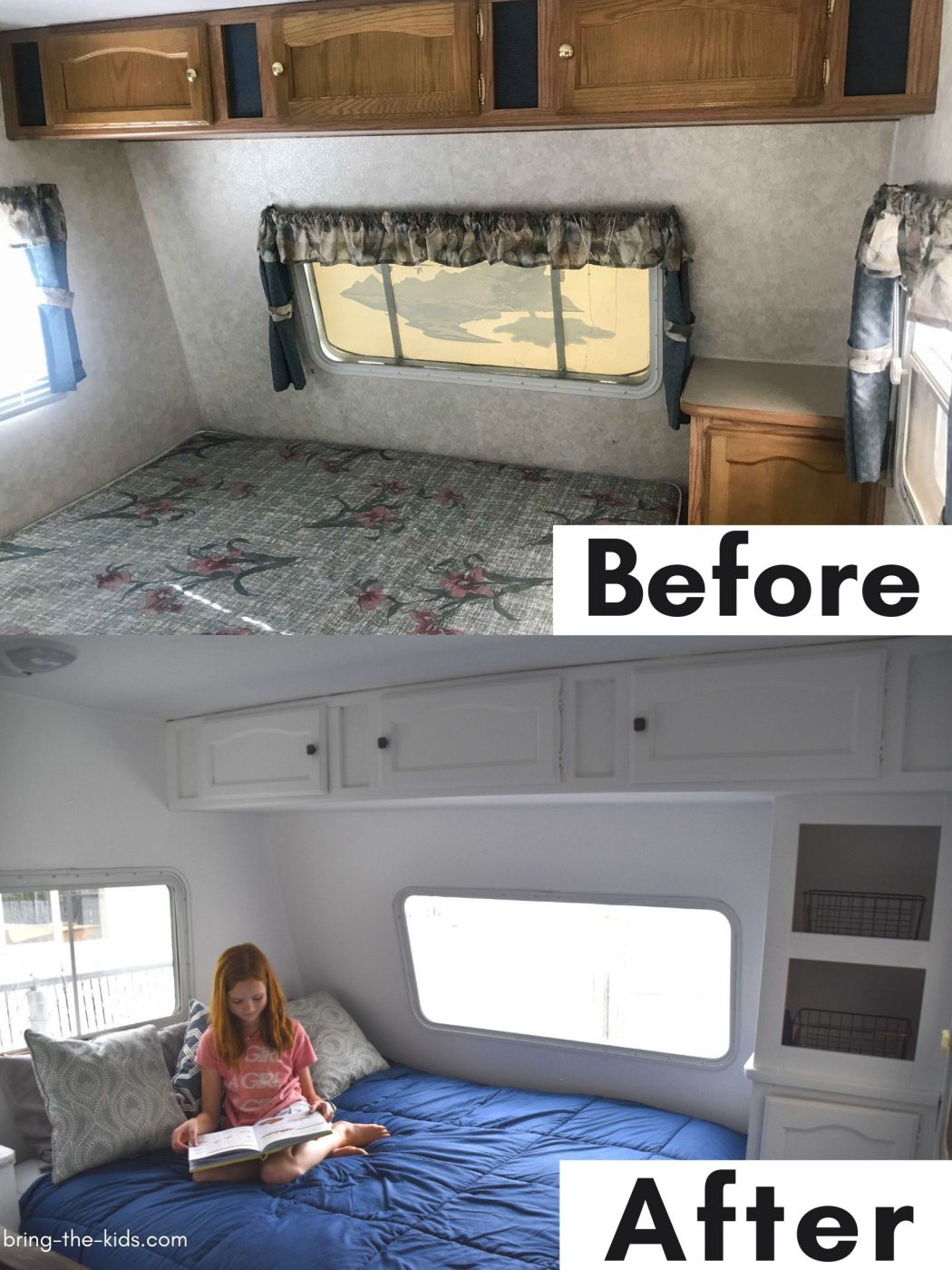 before after bedroom RV with more shelves