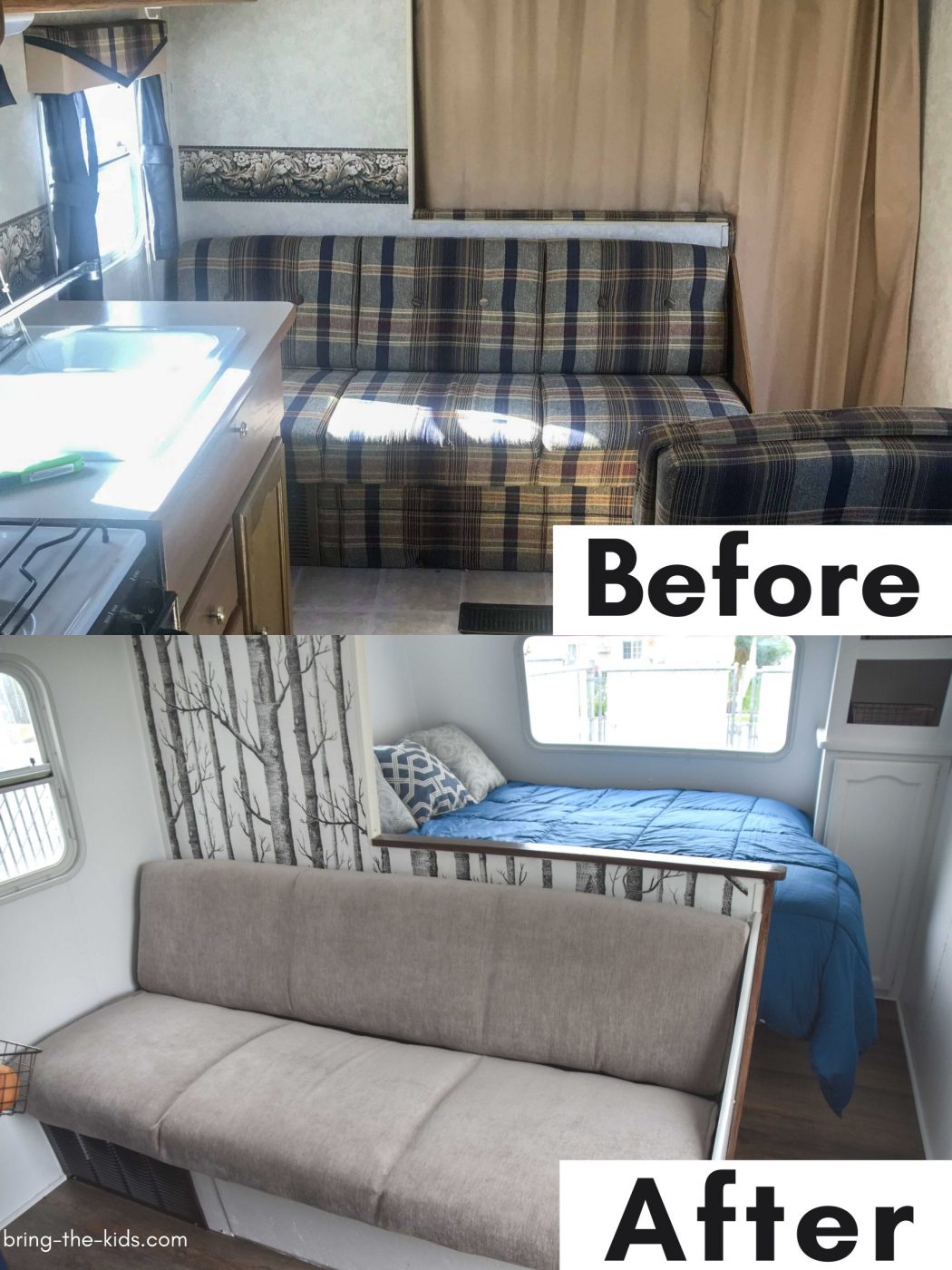 before after couch reupholster in RV