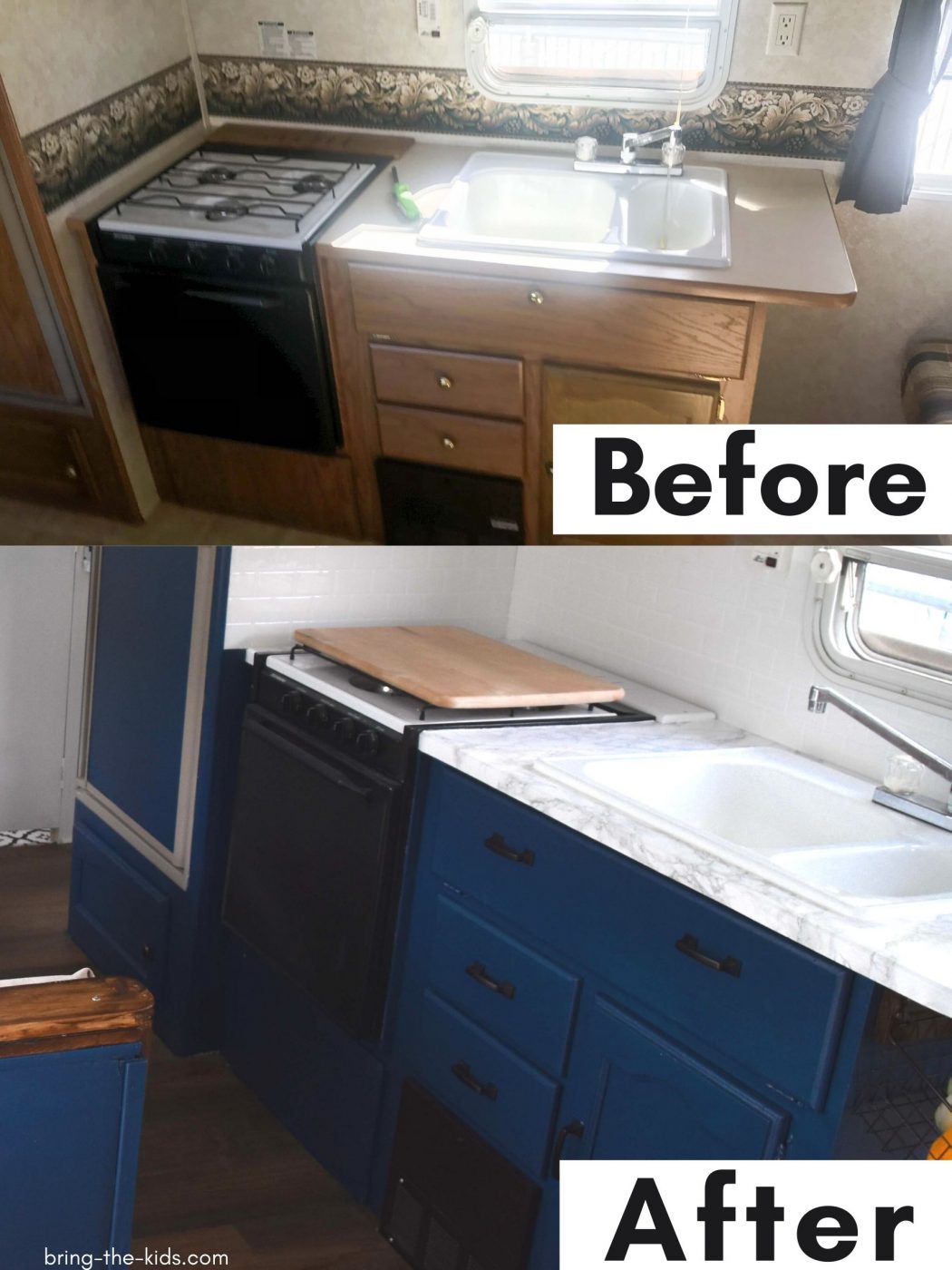 before after kitchen counters RV