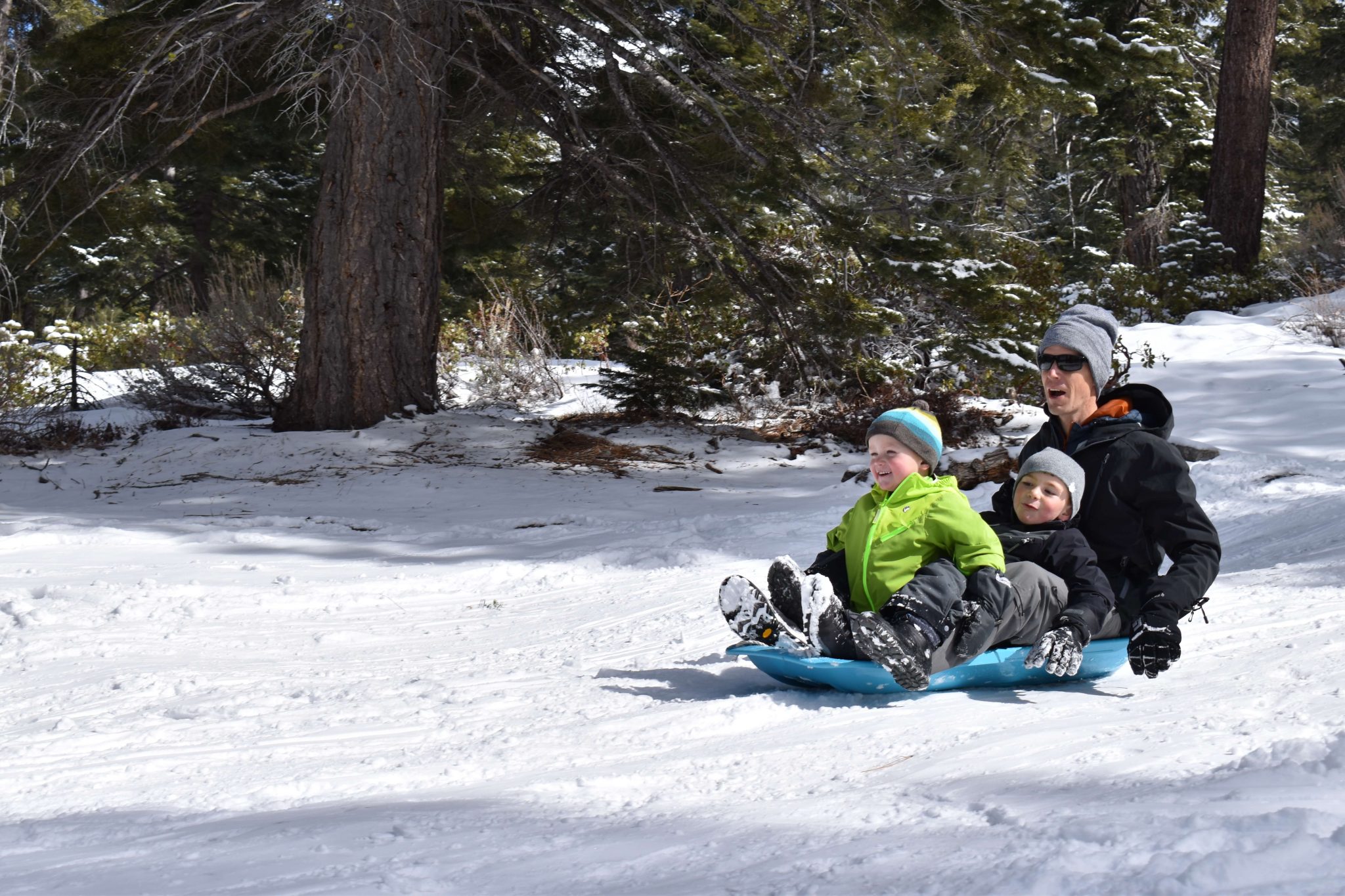 family sledding in snow
