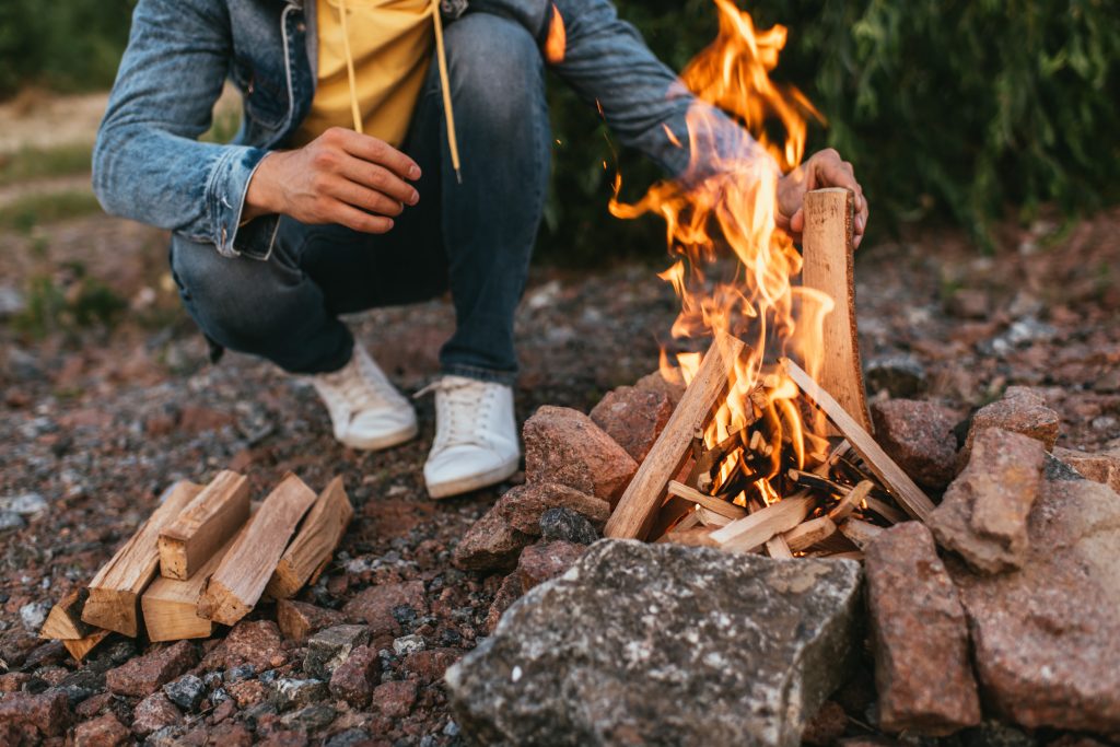A burning teepee camp fire